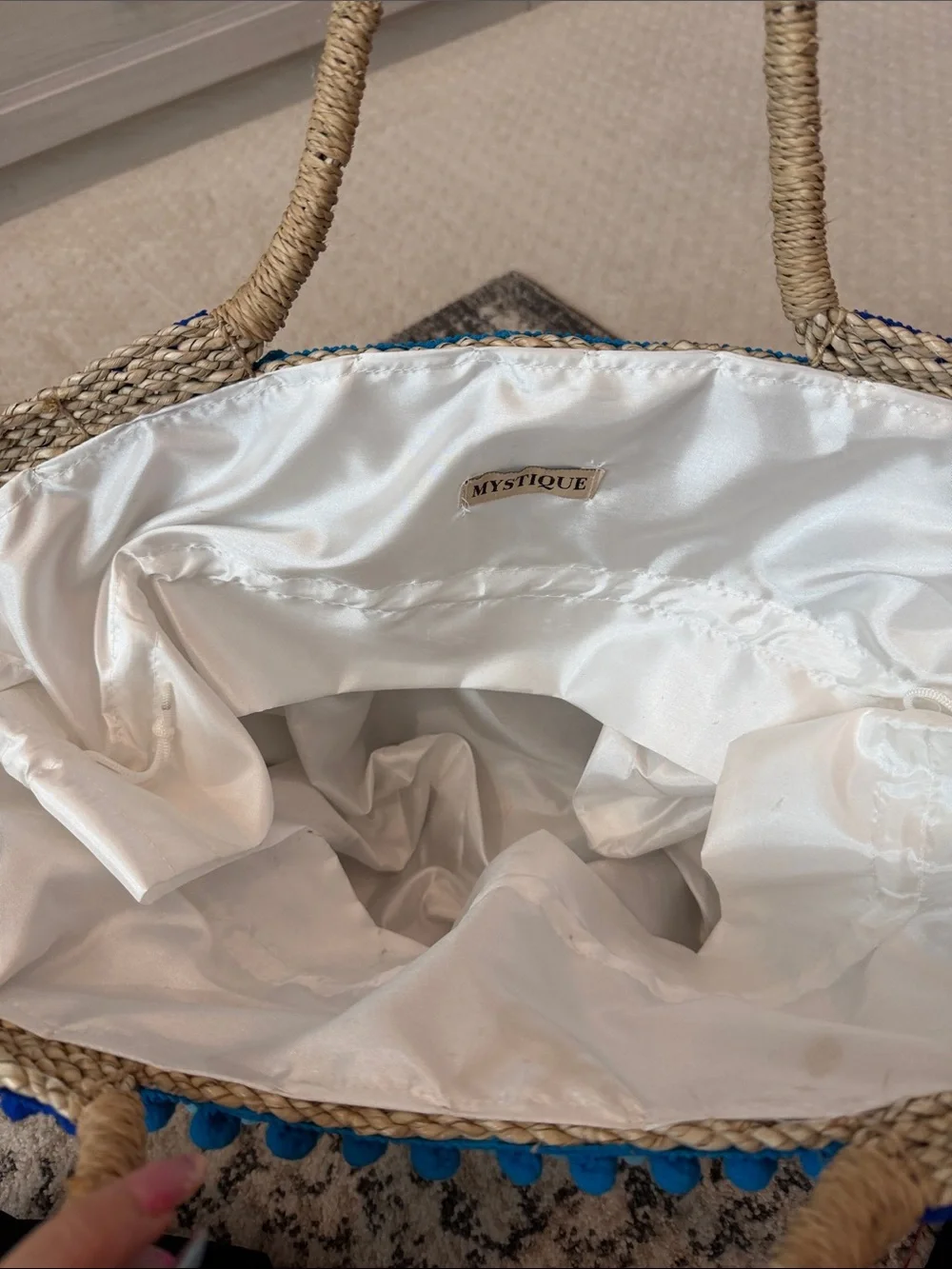 Mystique Straw Tote with Natural Weave and Rainbow Pom Pom Trim